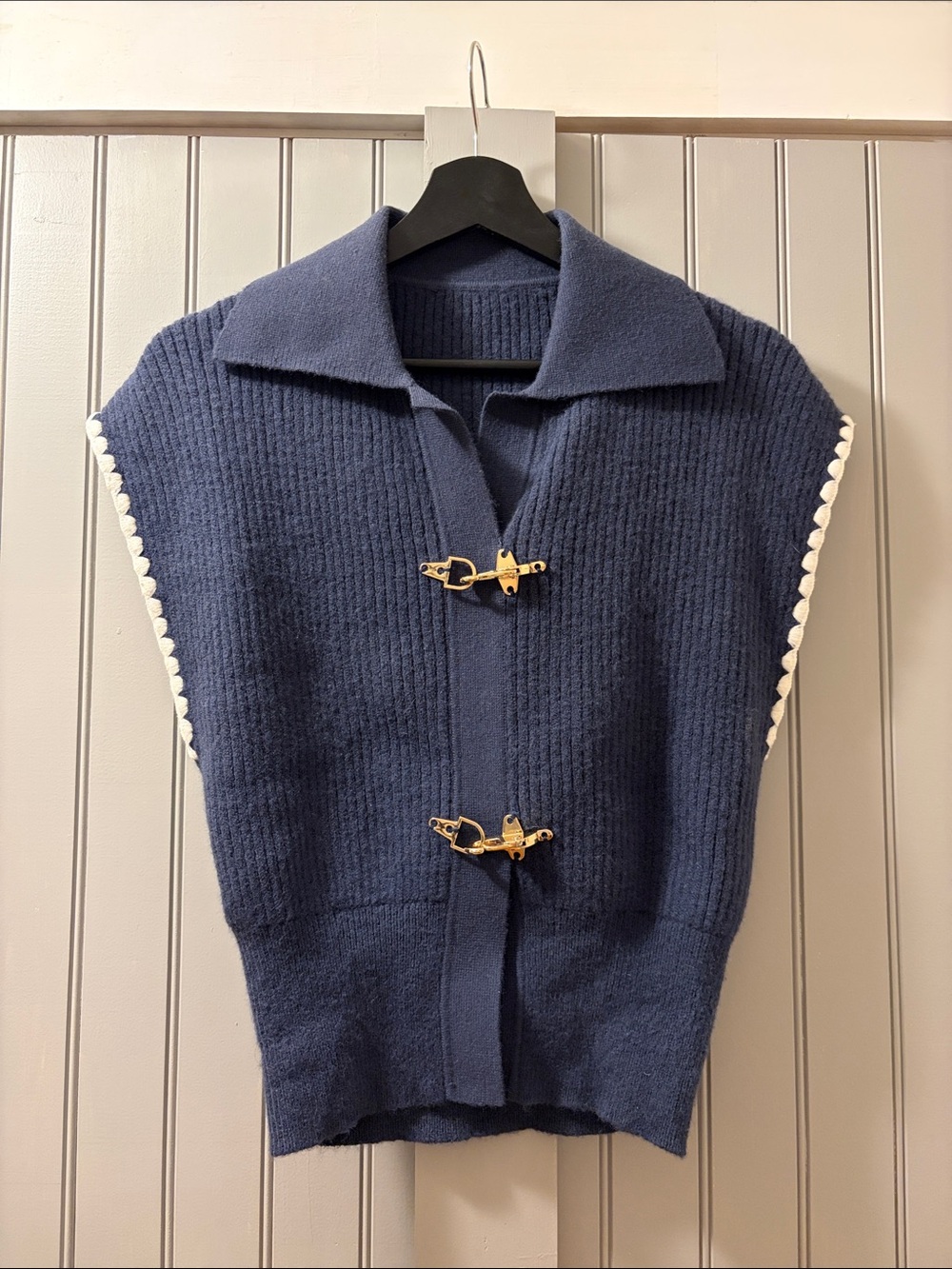 Commense Navy Ribbed Knit Vest with Cream Trim and Gold Toggles